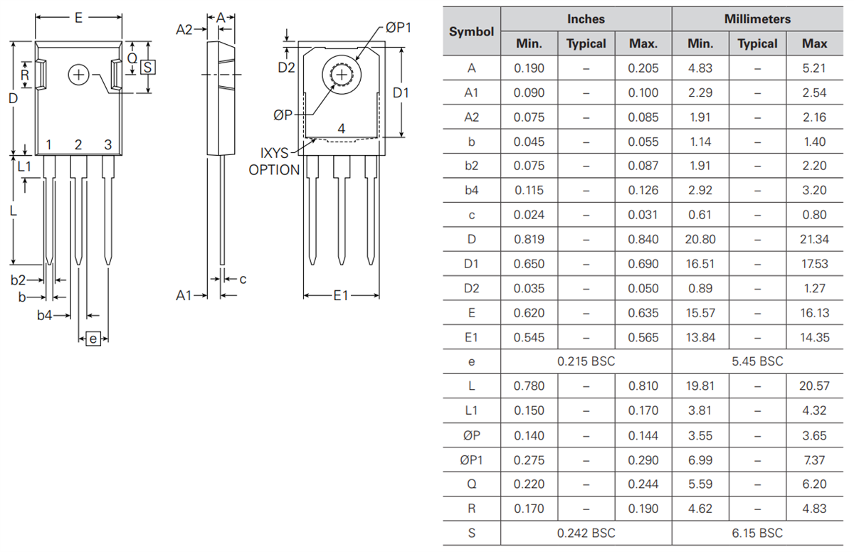 Mechanical Drawing - IXYS IXFH46N65X2W Power MOSFET